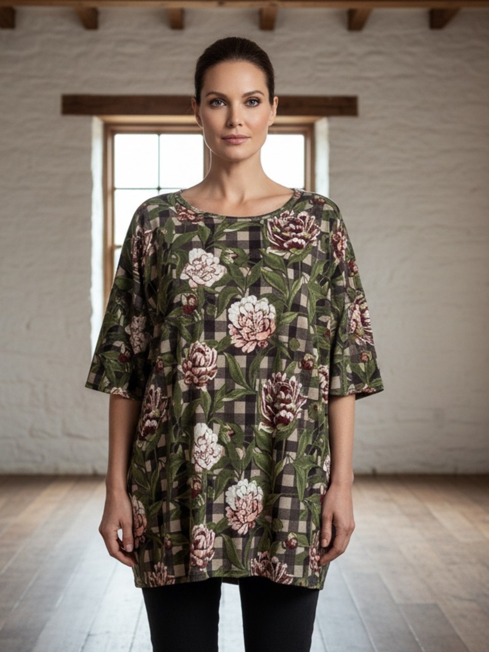 LuLaRoe Olive Floral Check Tunic Features a Unique Mix of Subtle Flowers
